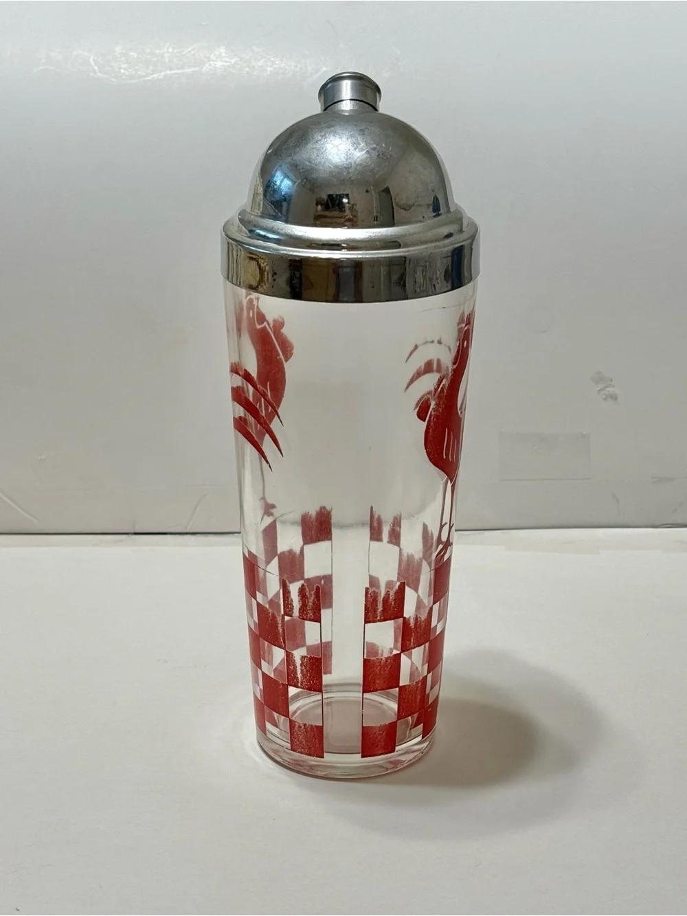 Vintage Drunken Rooster Cocktail Shaker - Red & White Checkered Rooster 10.5” T